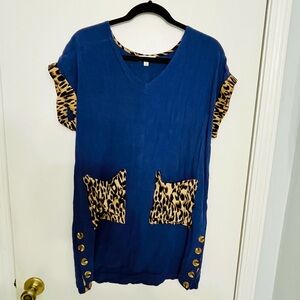 Umgee Leopard Accent Blue Linen Sundress